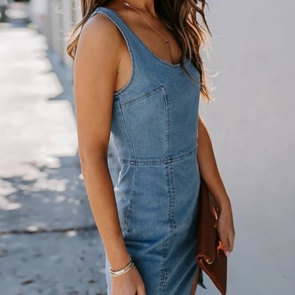 Vici Collection 'Shout Out To You' Denim Bodycon Sleeveless Dress L - Picture 3 of 10